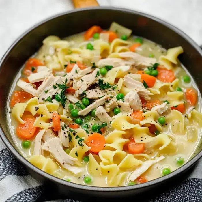 Close view of a pot with creamy noodle soup featuring chunks of shredded chicken, egg noodles, carrots, and peas.