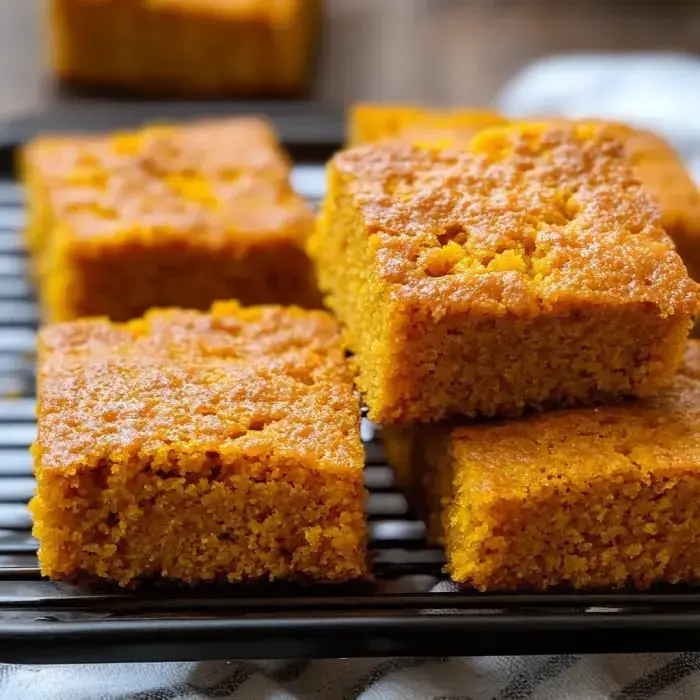 Golden cornbread pieces stacked neatly on a cooling rack.