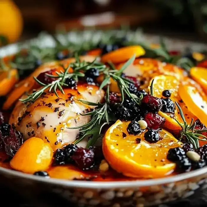 Close-up of roasted turkey with orange slices, herbs, and a glossy glaze, garnished with fresh berries.