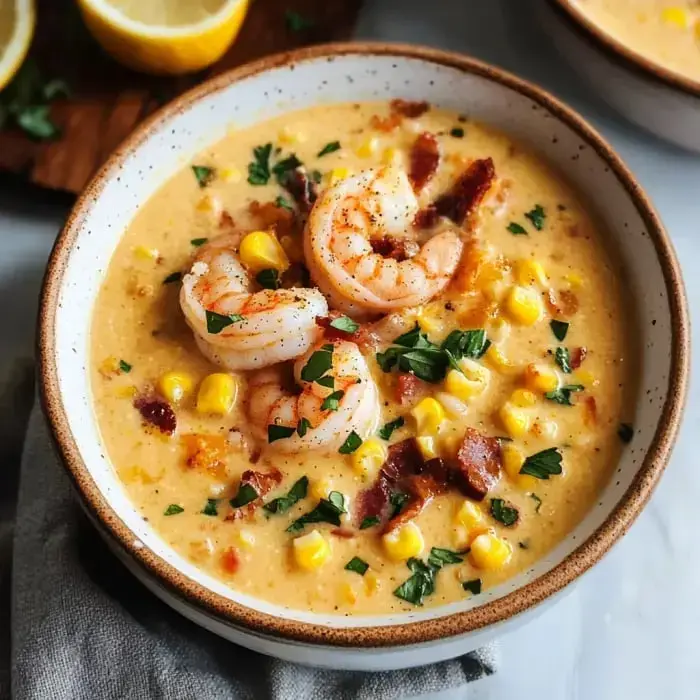 A delicious bowl of creamy corn and shrimp soup garnished with bacon, parsley, and corn pieces.