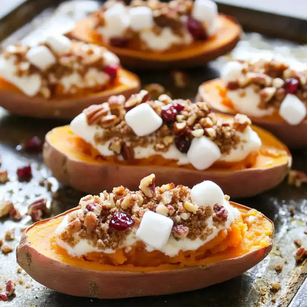 Smashed sweet potatoes with marshmallows, pecans, cranberries, and crumb topping baked on a tray.