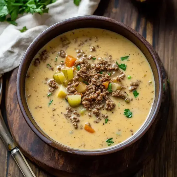 A creamy vegan soup in a bowl with crumbles and parsley on top, served on wooden table.