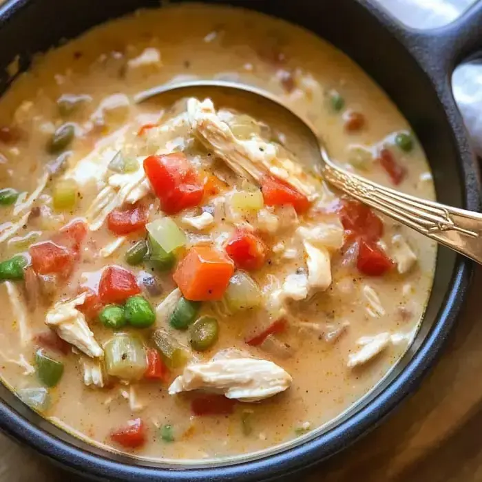 A bowl of Cajun chicken soup with cream, diced veggies, shredded chicken, and a spoon resting inside.