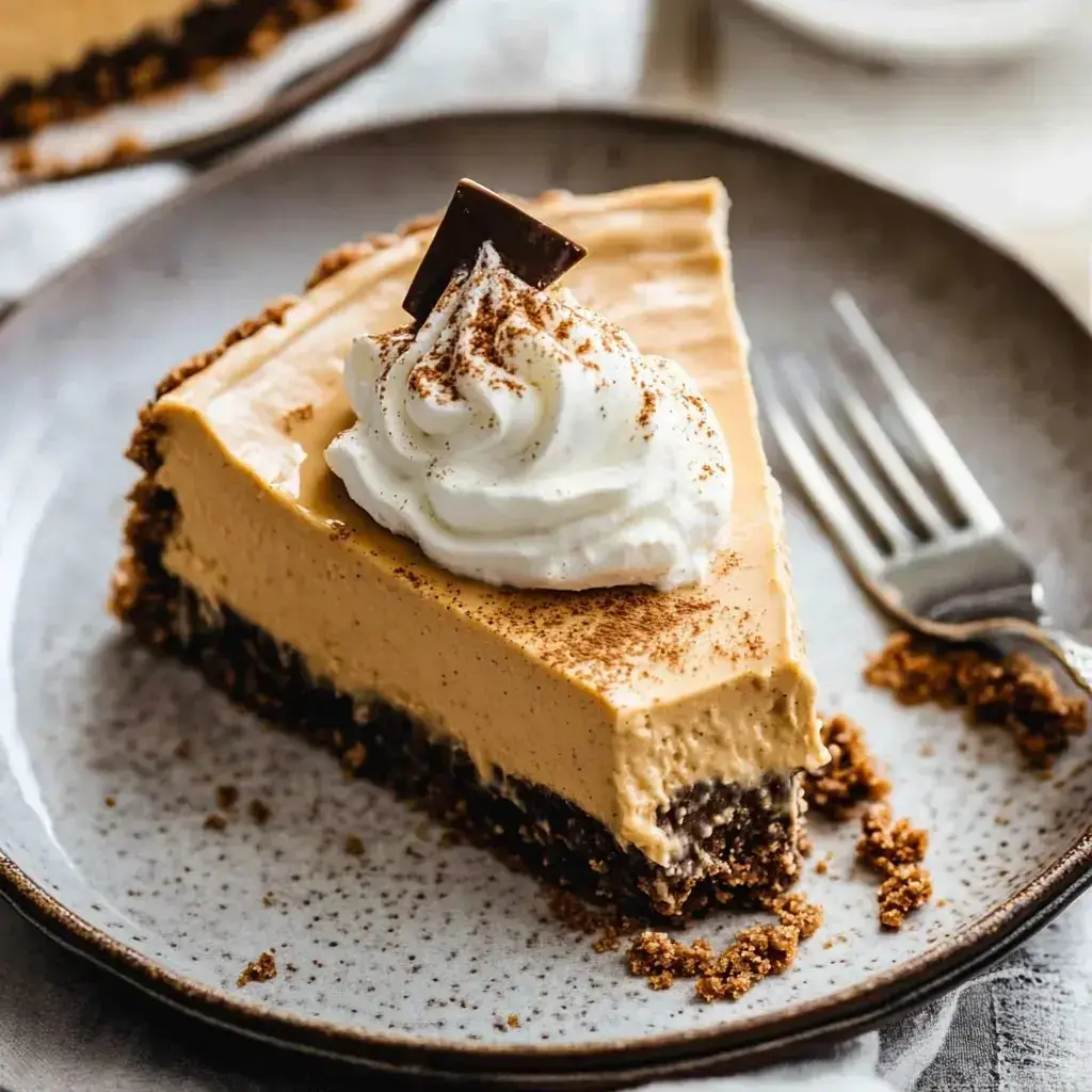 A rich dessert slice with whipped topping and a chocolate garnish, served on a gray plate with a fork nearby.