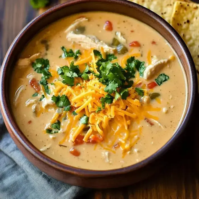 A bowl of thick soup garnished with cilantro and cheese, served with tortilla chips.
