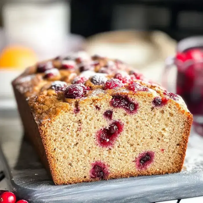 Golden cranberry loaf studded with cranberries displayed on a gray serving tray.