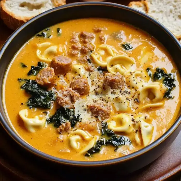 A warm bowl of soup with creamy broth, stuffed tortellinis, sausage bits, and leafy kale. Served with bread on the side.