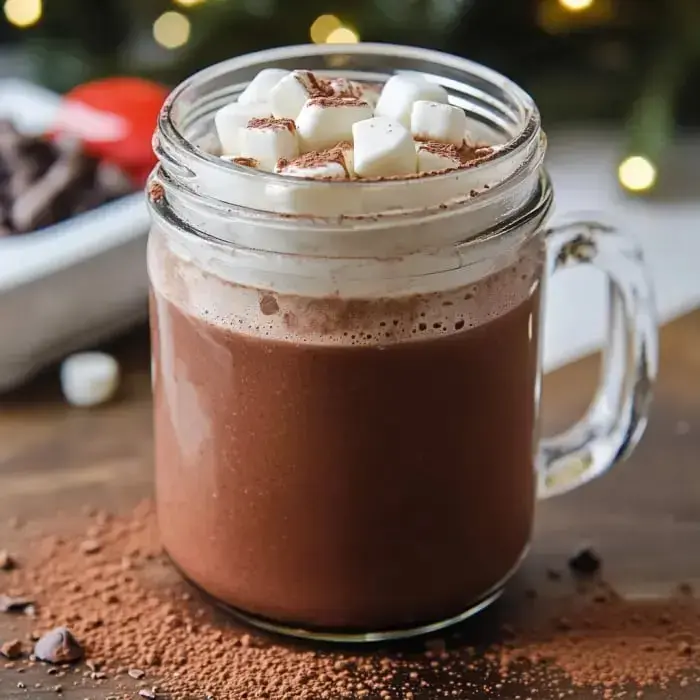 A jar of hot chocolate mix with whipped cream and marshmallows, surrounded by cocoa and chocolate chunks.