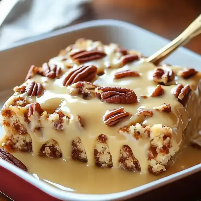 A moist slice of cake layered with pecans and coated in silky sauce being served.