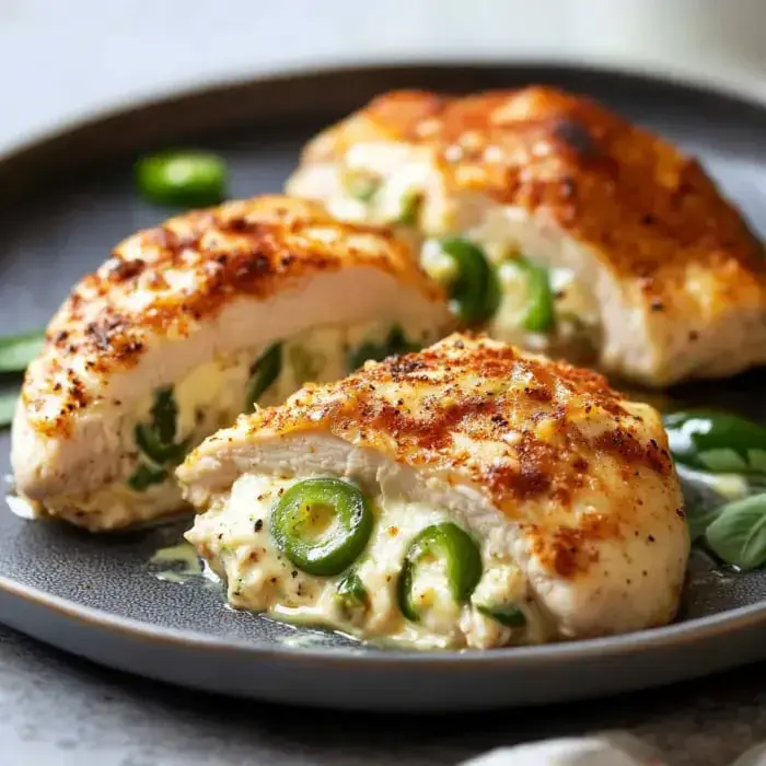 Golden stuffed chicken breasts on a white plate with hints of green jalapeños and cheesy filling.
