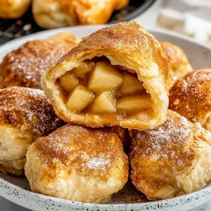 A plate of crisp, golden pastries dusted with sugar. One is sliced open to show apple chunks glazed in a cinnamon filling.