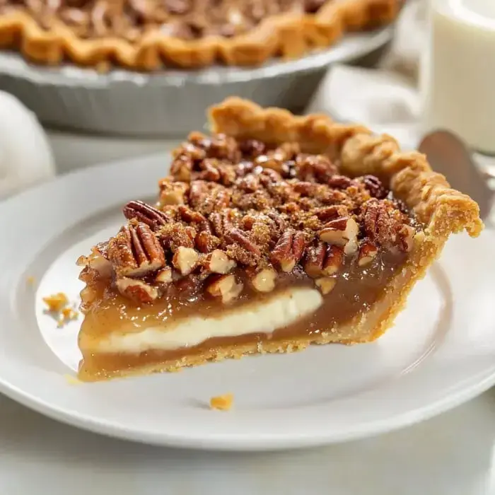 A rich pecan dessert slice on a plate, revealing its layered filling and crunchy nut topping.