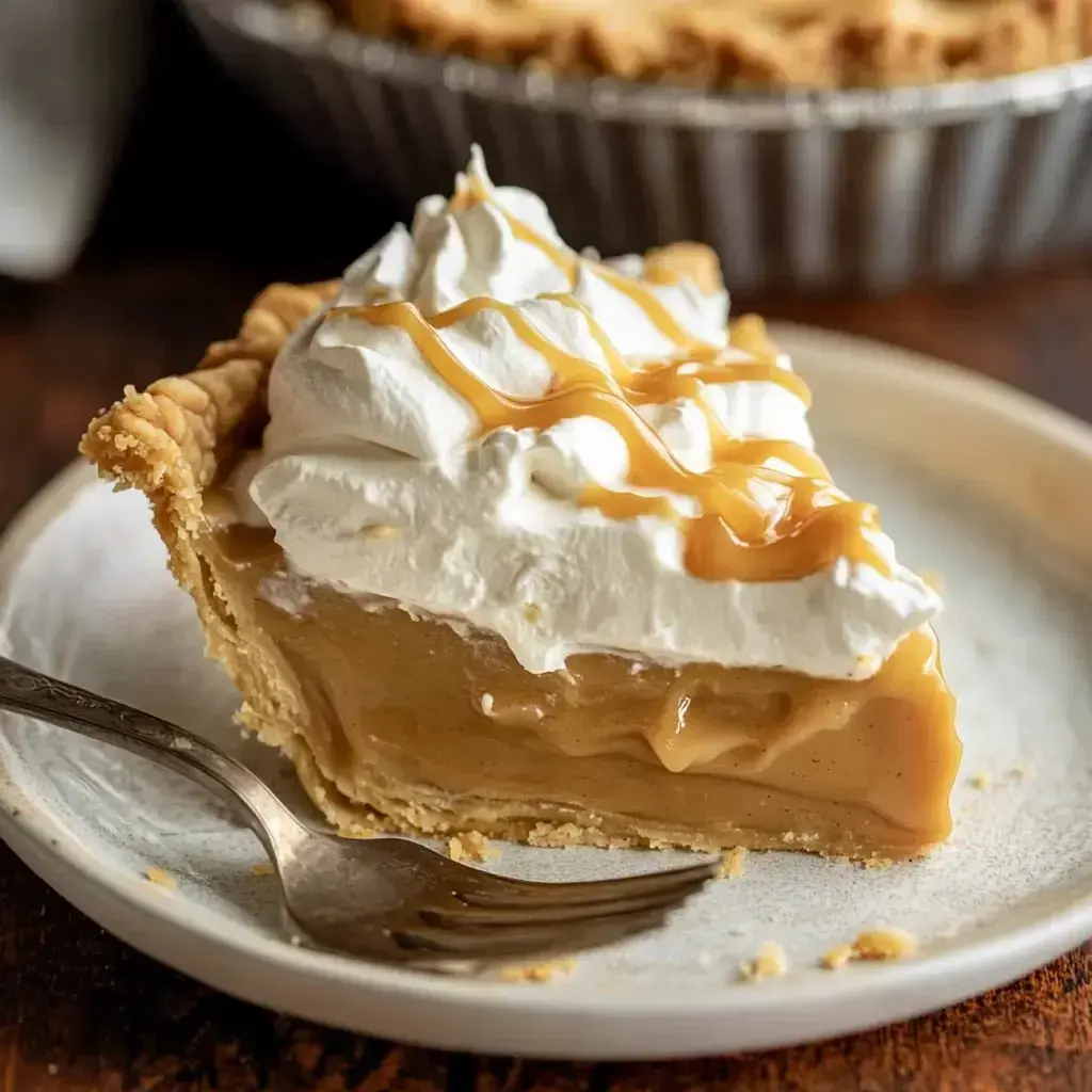 A luscious slice of butterscotch pie with whipped cream and caramel drizzle served with a fork on the side.