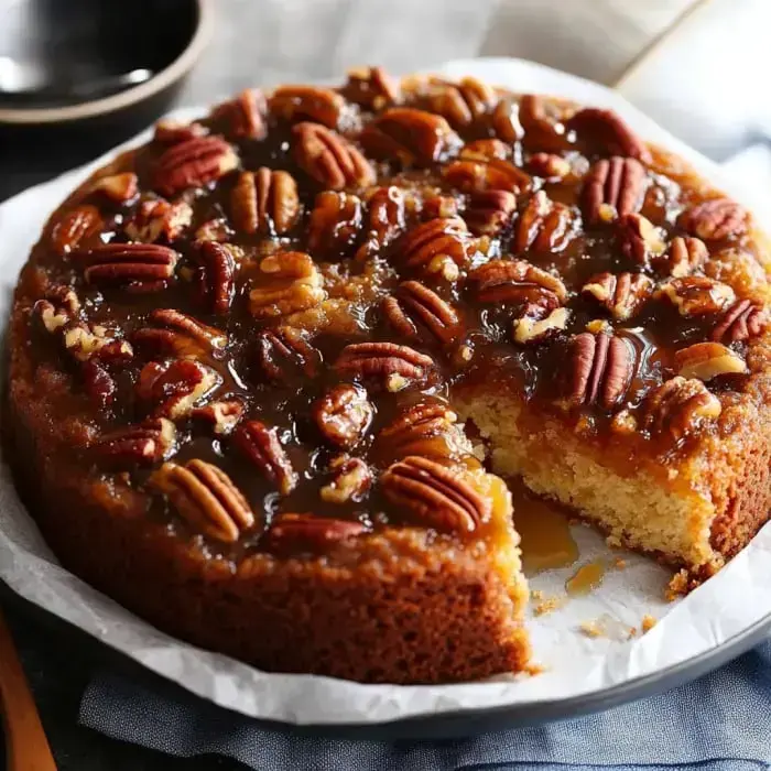 A glossy caramel pecan cake with one slice removed, placed on parchment paper.