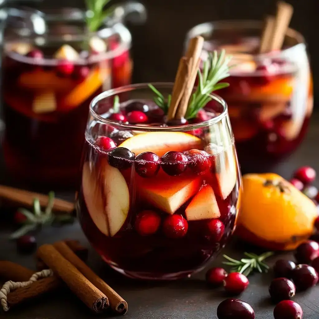 Bright sangria featuring apple slices, cranberries, and cinnamon on a dark background with extra fruit and spices.