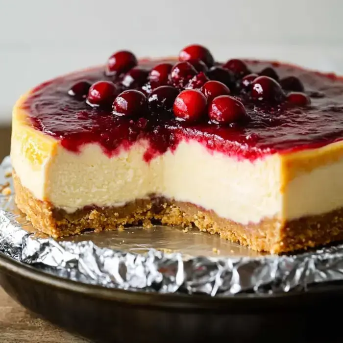 A smooth orange cake topped with cranberries, with one slice missing showing creamy layers.