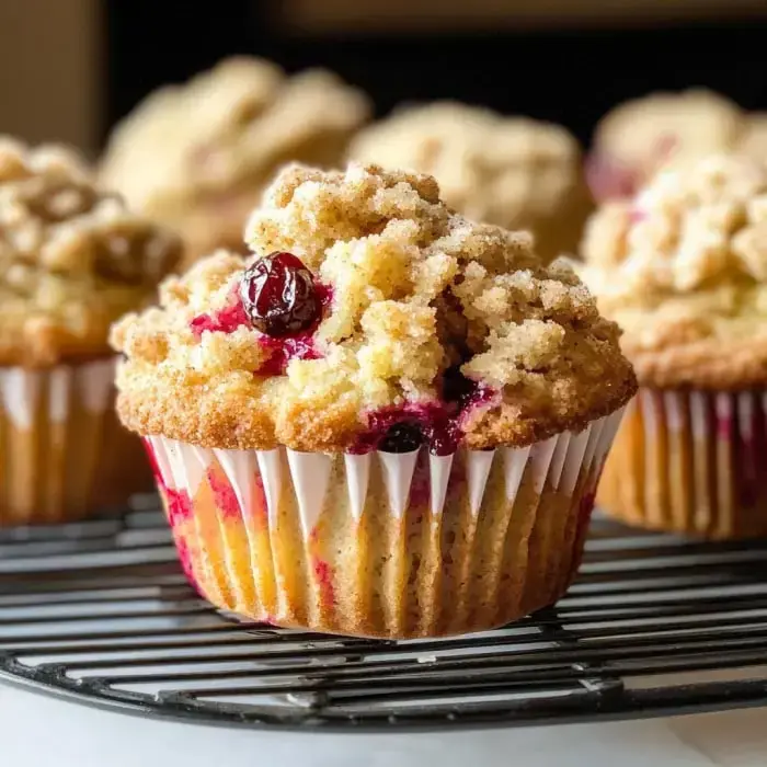 A muffin with a crumbly top and juicy berries on a cooling rack.