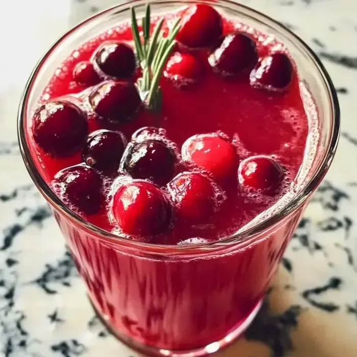Bright cranberry drink in a glass topped with fresh cranberries and rosemary.