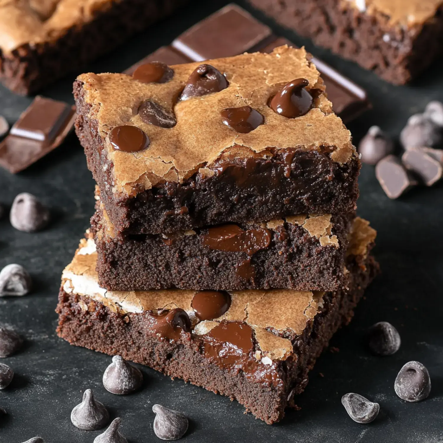 Several soft, chocolatey brownie squares with chocolate chips on top and chocolate pieces scattered around them.