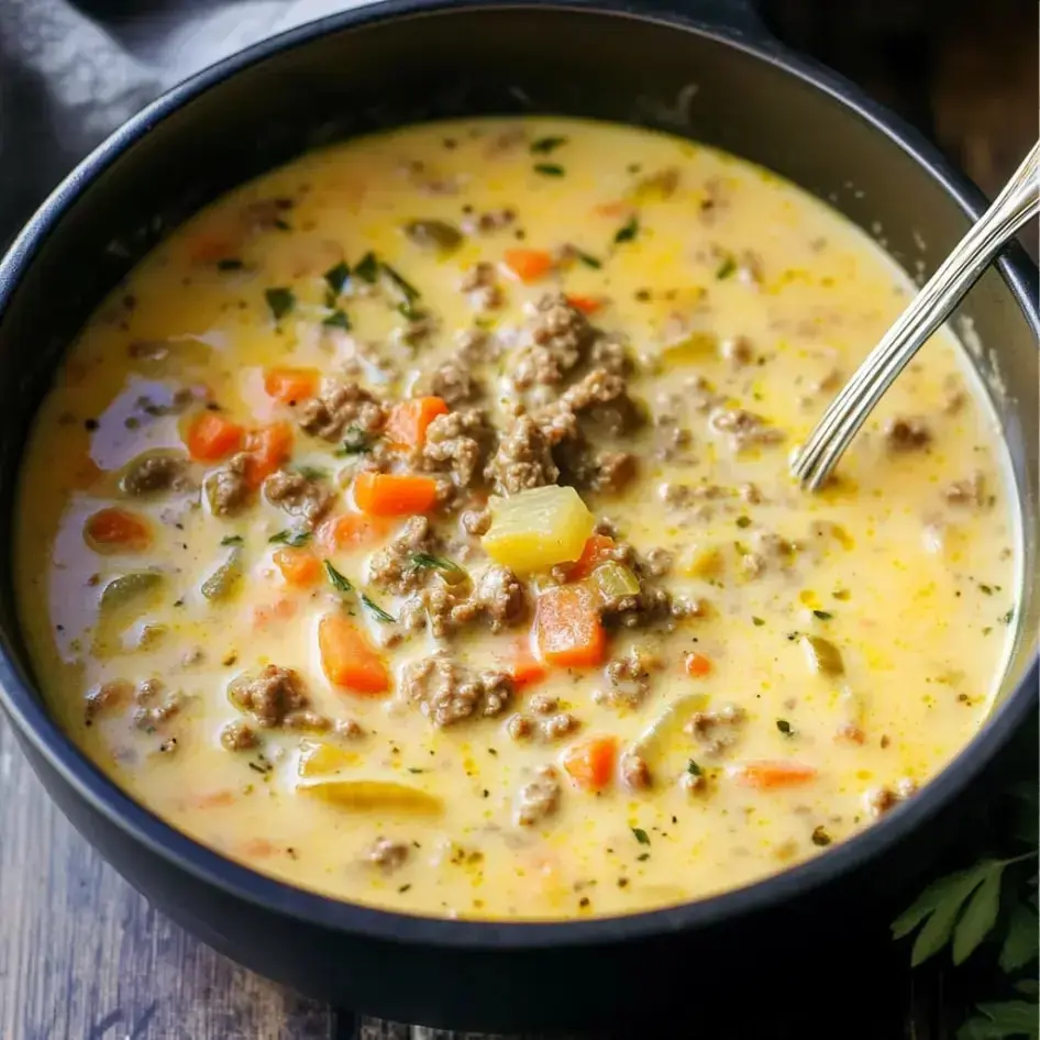 A warm bowl of creamy soup with meat, diced veggies, and garnished herbs.