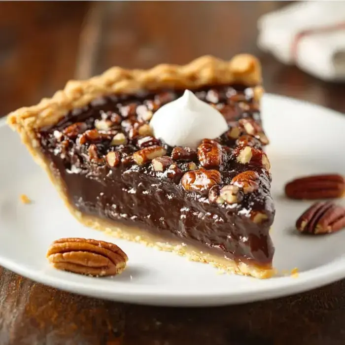 A plate with a slice of pecan pie featuring chocolate and whipped cream, garnished with pecans on the side.