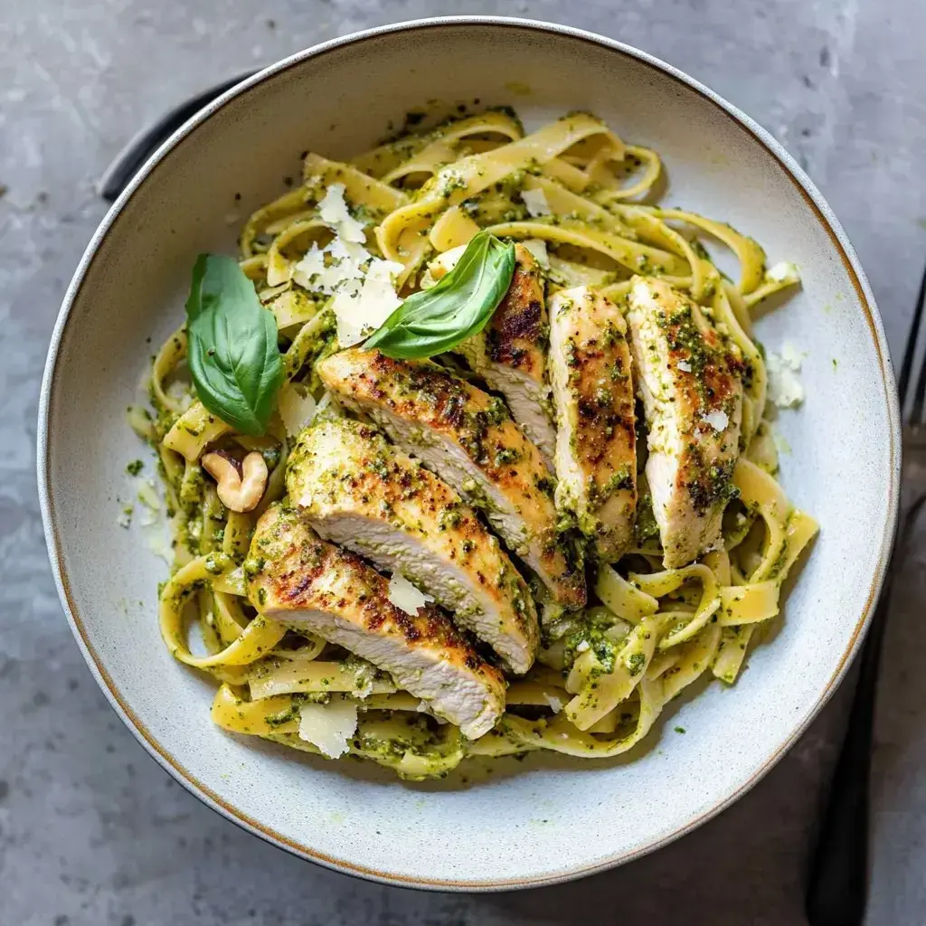 Fettuccine pasta in a bowl, topped with grilled chicken slices, pesto, basil leaves, and grated cheese.