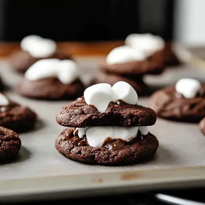 Close shot of soft cocoa cookies stuffed with gooey chocolate and marshmallows, sitting on a tray.