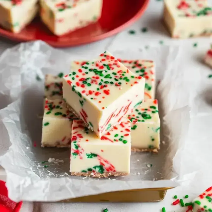 Square pieces of white fudge decked out with festive sprinkles on a gold platter.