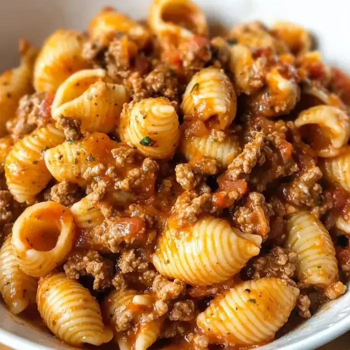 Close-up of pasta shells with ground beef and creamy tomato sauce.