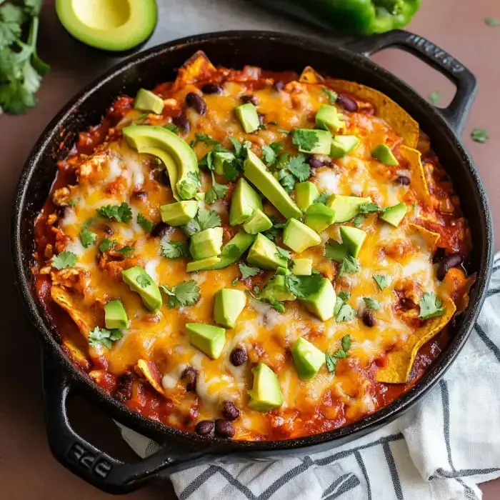 Cheesy nachos in a skillet with black beans, avocado, and cilantro on top.