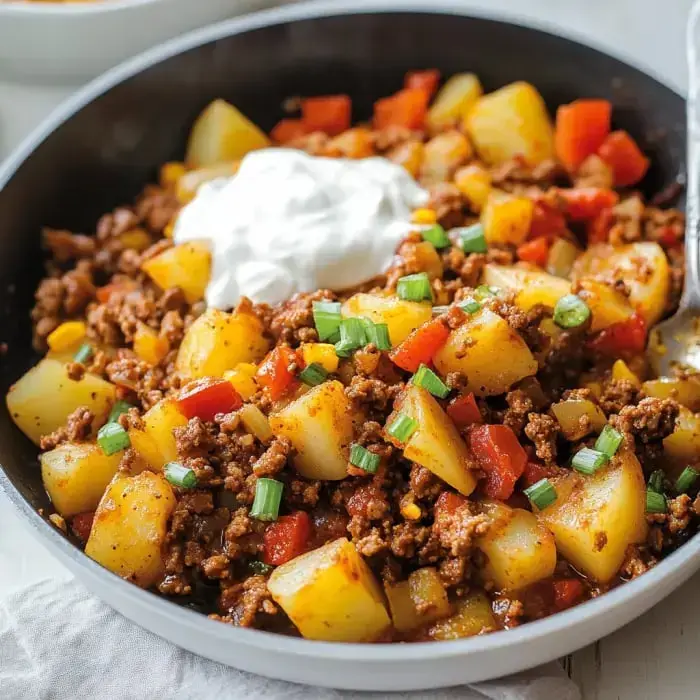 A frying pan with golden beef crumbles, diced potatoes, colorful veggies, topped with sour cream, and fresh green onion garnish.