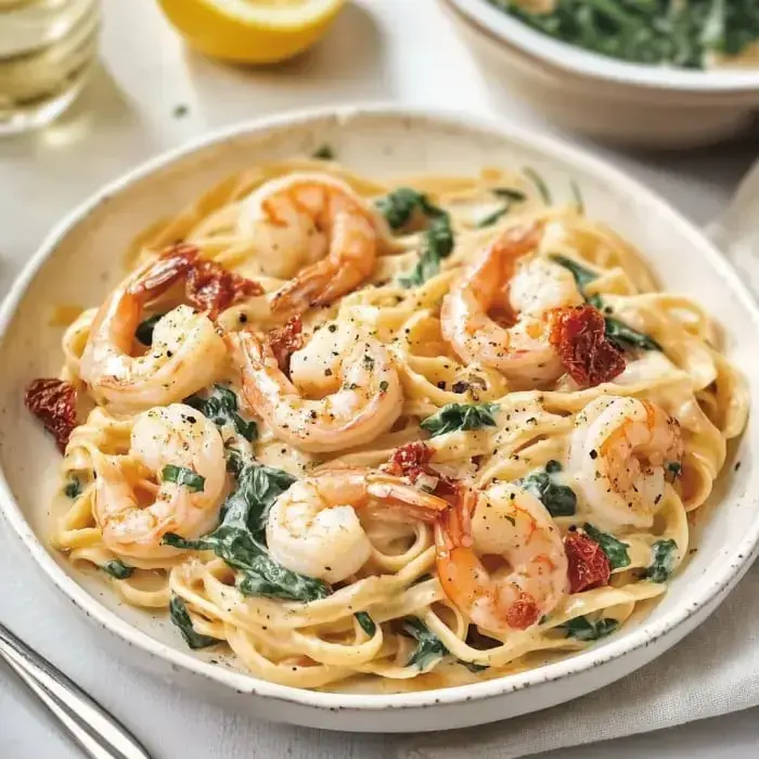A bowl of pasta with a creamy shrimp topping, spinach, and sun-dried tomatoes, sprinkled with black pepper.
