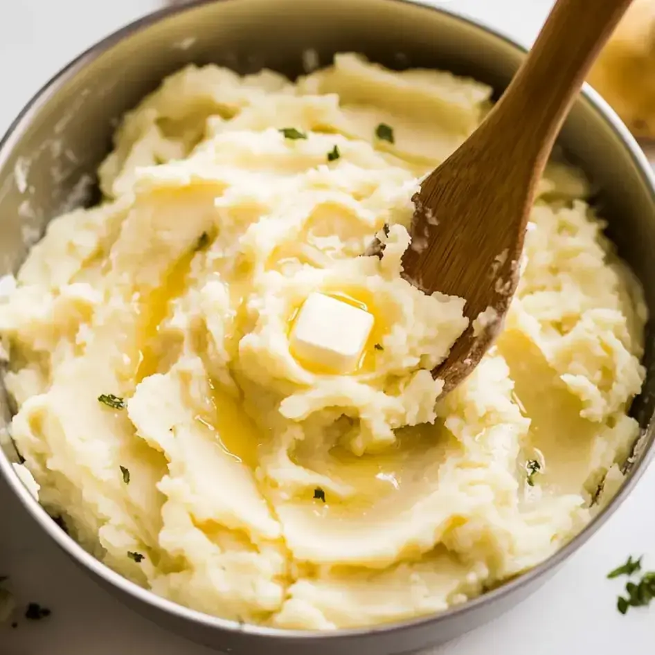 A creamy buttery mashed potato dish garnished with herbs and served warm in a bowl.