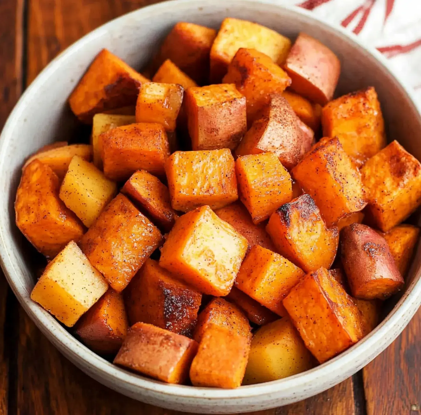 Golden-brown cubes of roasted sweet potatoes in a bowl.