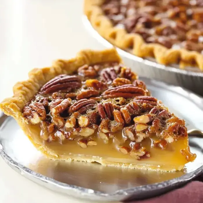 A silver plate with a slice of pecan dessert featuring golden filling and whole pecans, with the entire treat behind it.