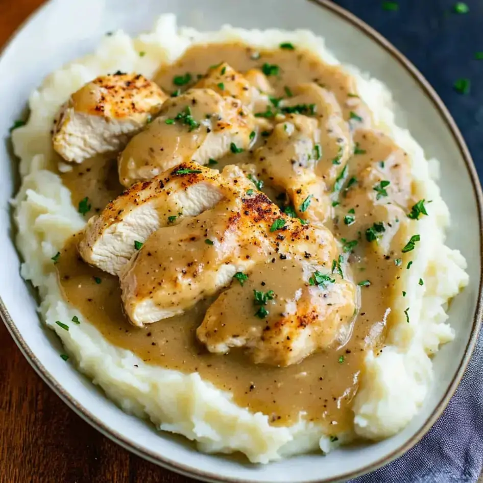 Juicy chicken breast slices coated in creamy gravy, resting on fluffy mashed potatoes, topped with fresh parsley.