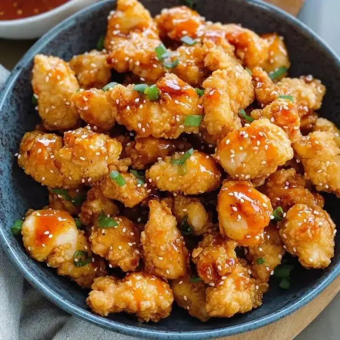Golden, crispy chicken pieces with a glaze, sesame seeds, and chopped onions inside a bowl.