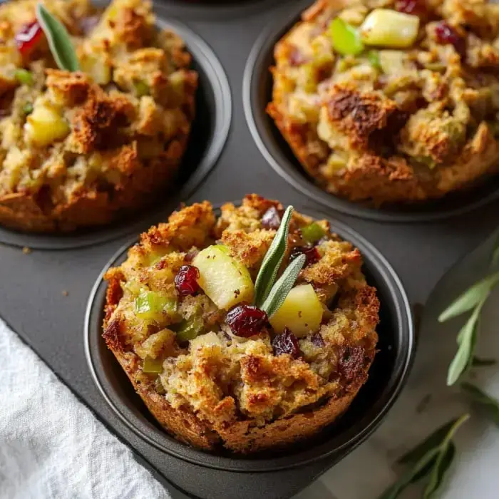 Close-up of golden stuffing muffins loaded with cranberries, apples, and sprigs of herbs, set in a gray baking tin.