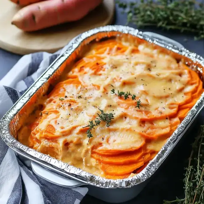 Baked sweet potato slices with creamy sauce topped with herbs.