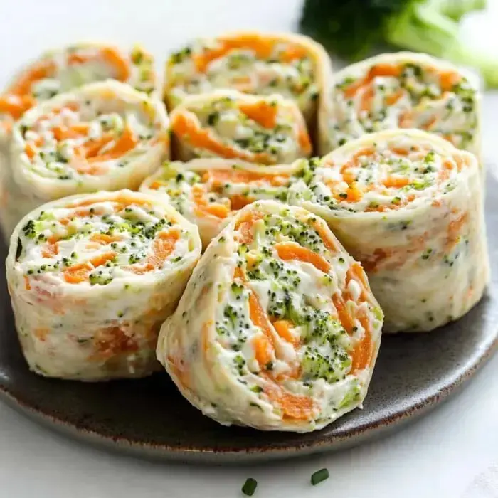 Brightly colored tortilla rolls with cheese, broccoli, and carrots.