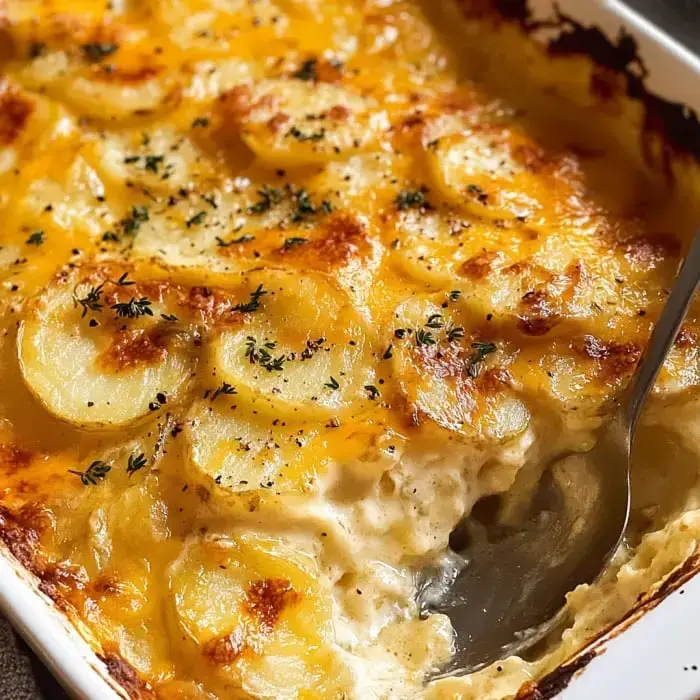 Golden cheesy baked potato dish with herbs on top, perfectly crispy and ready to enjoy.