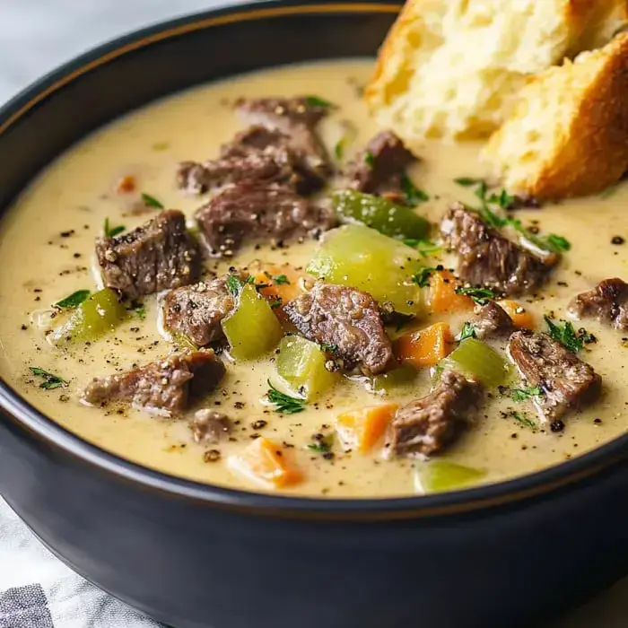 Creamy soup with beef chunks, diced peppers, and a side of golden bread in a bowl.