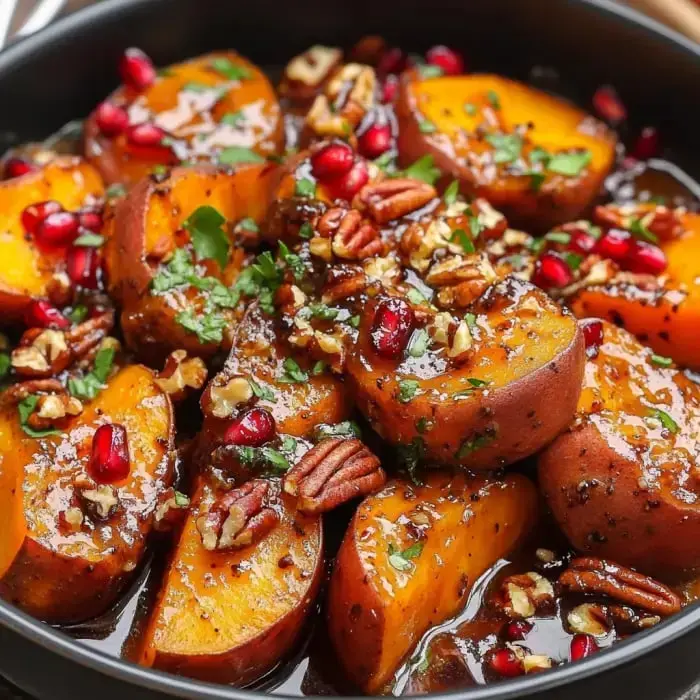 Close-up of caramelized sweet potato wedges, glossy bourbon glaze, crunchy pecans, and juicy pomegranate garnished with herbs.
