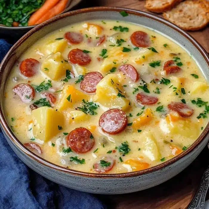 A cozy bowl of creamy soup with sausage slices, potatoes, and veggies topped with parsley.