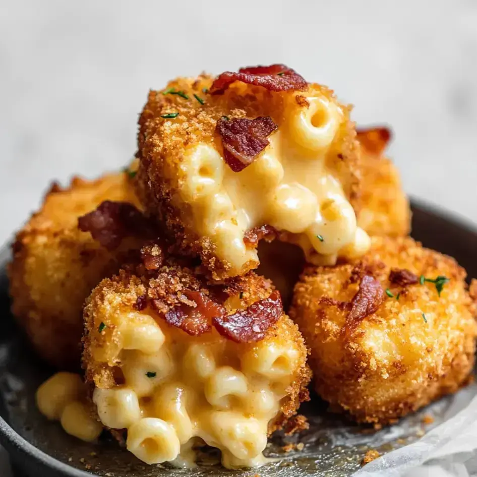 Golden, crunchy mac bites with bacon specks stacked on a plate, showing gooey cheese and macaroni inside.