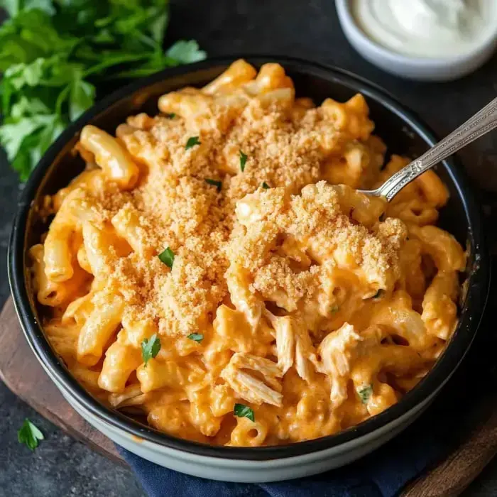 A creamy bowl of mac and cheese topped with crisp breadcrumbs and parsley, paired with a dish of sour cream on the side.