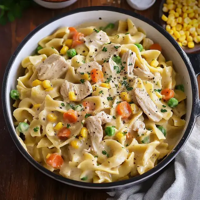 A bowl of creamy noodles with chicken, peas, and carrots, garnished with corn.