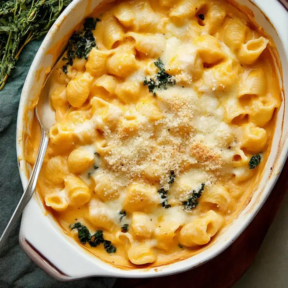 A rich casserole of mac and cheese with kale, breadcrumbs, and melted cheese served in a white dish.