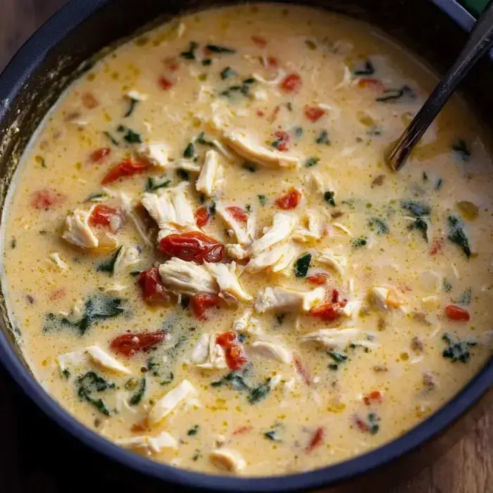 A bowl of creamy chicken soup with shredded chicken, spinach, and sun-dried tomatoes in a dark dish.
