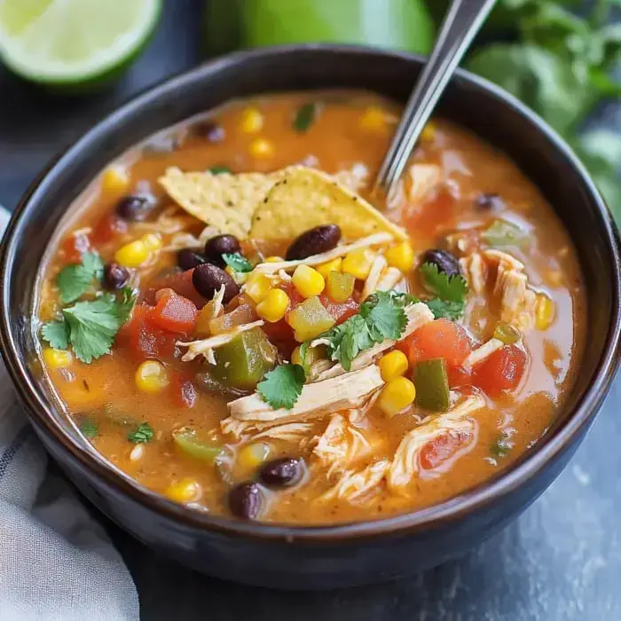 Hearty chicken soup with beans, corn, tomatoes, cilantro, topped with tortilla chips and lime on the side.